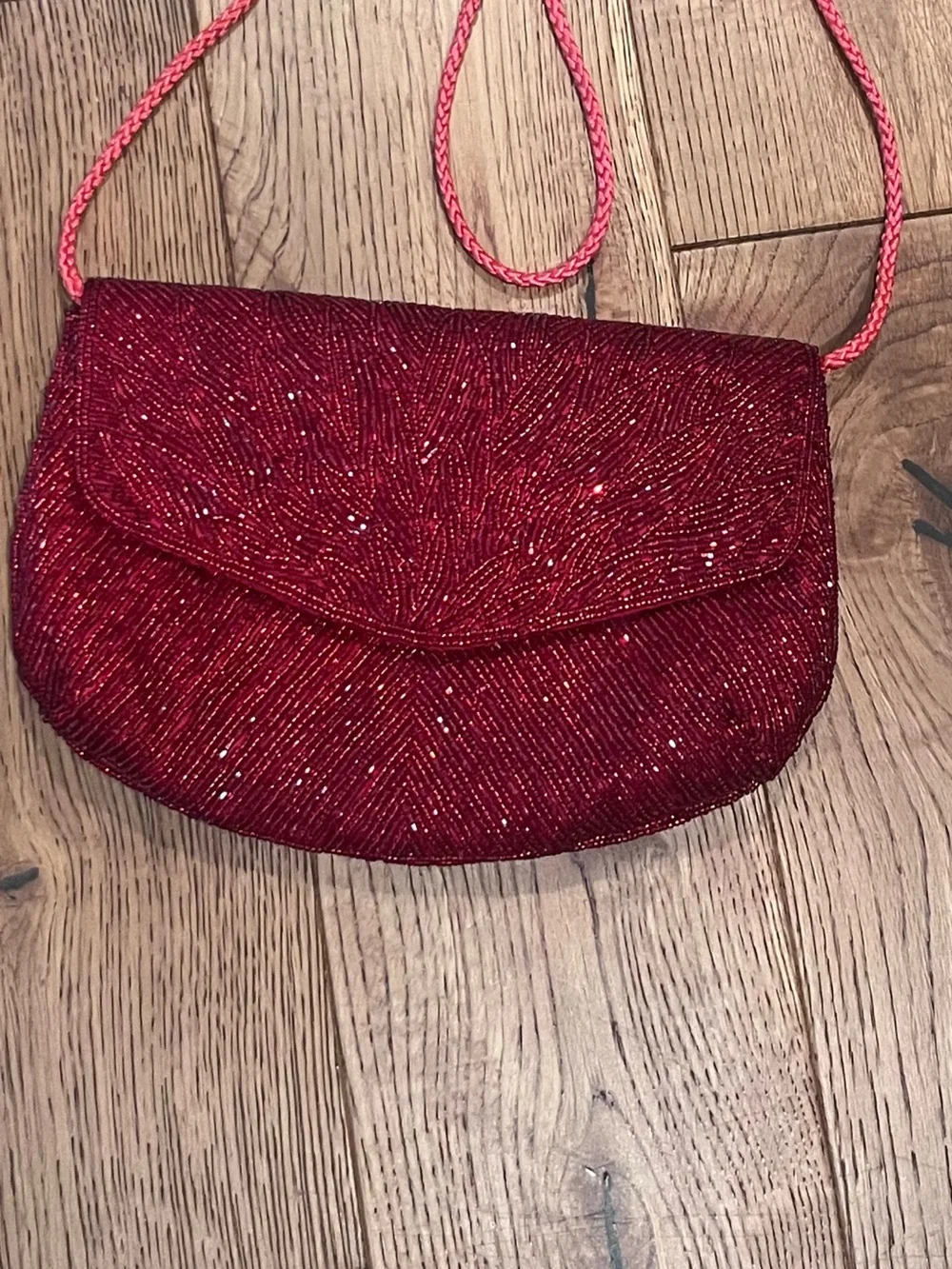 1980s Red Beaded Evening Clutch Shoulder Bag